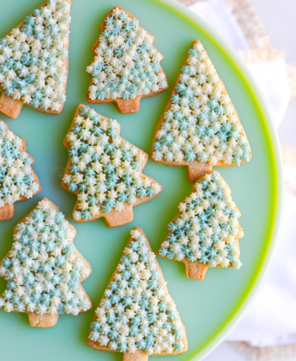 Plate of Vanilla Sugar Cookie Trees with Cream Cheese Frosting