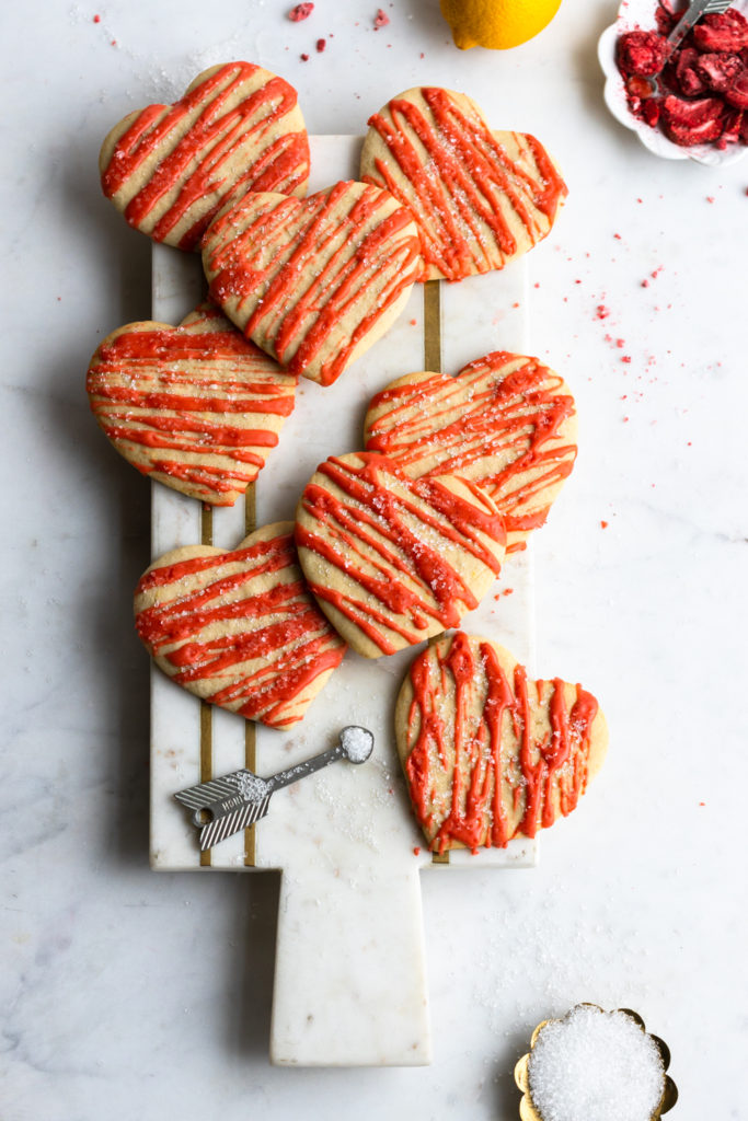 Glazed Strawberry Lemon Heart Cookies plated