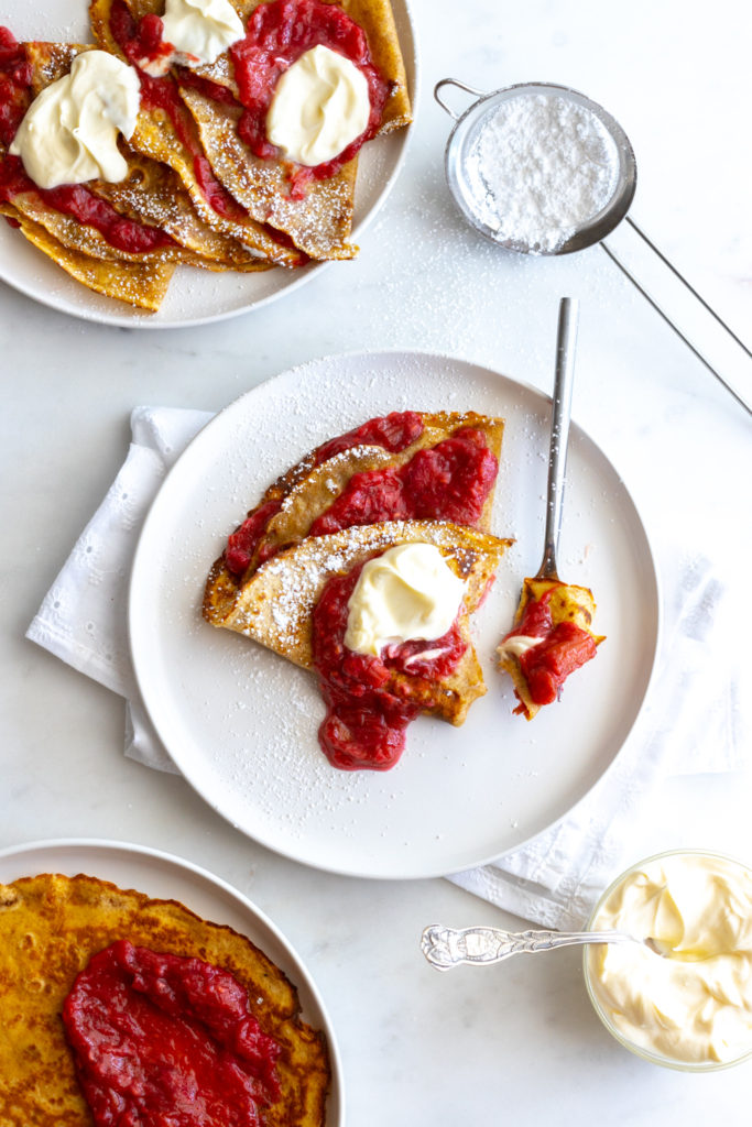 breakfast of Rye Crepes served with Rhubarb Raspberry Compote