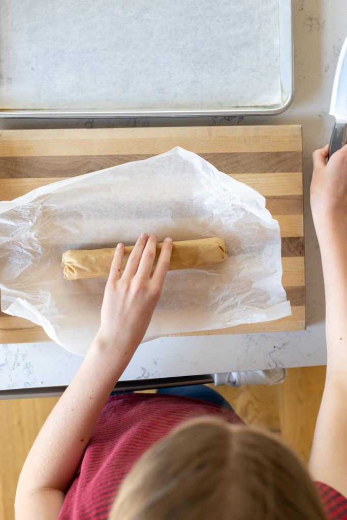 Unwrapping chilled shortbread cookies