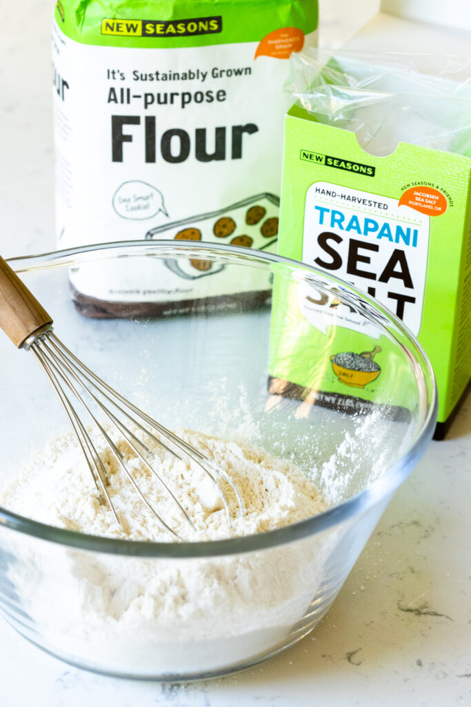 New Seasons flour and salt and pie dough dry ingredients in a mixing bowl