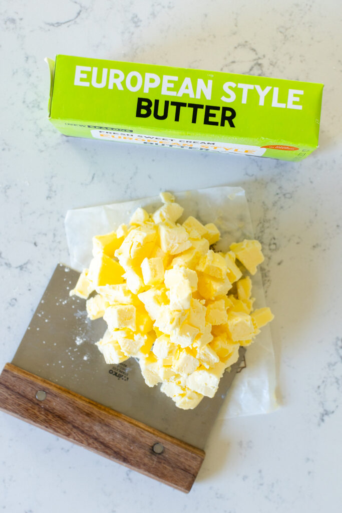 European style butter cut into small cubes for pie dough