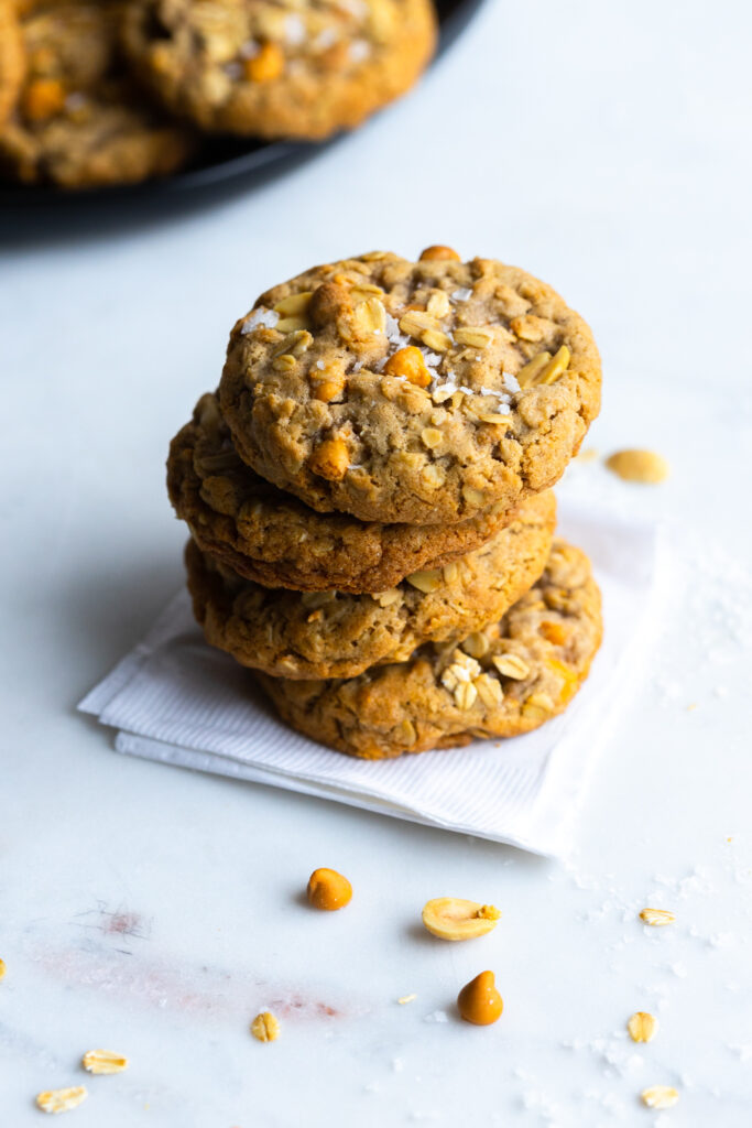 Stack of salty, chewy Butterscotch Oatmeal Cookies with peanuts