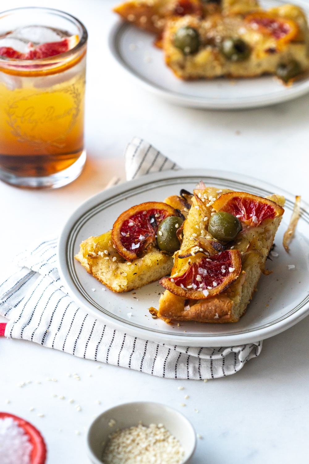 Blood Orange Olive Shallot Focaccia with drinks