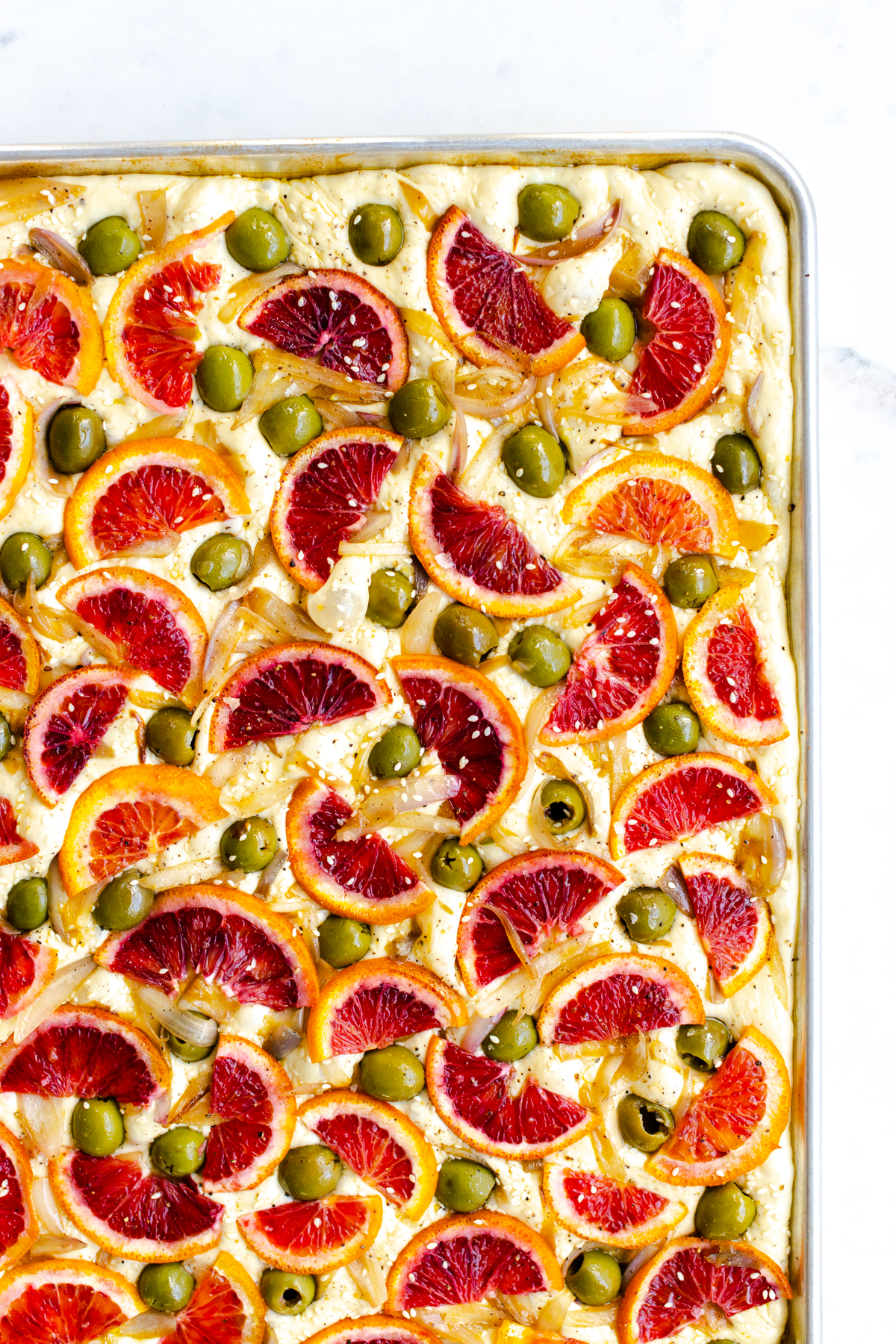 Blood Orange Olive Shallot Focaccia sheet pan style