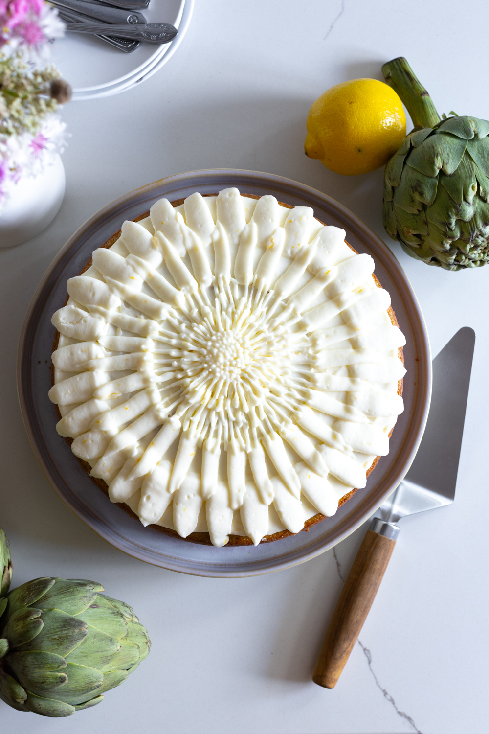 Artichoke Olive Oil Cake with Lemon Cream Cheese Frosting from Baking The Goods