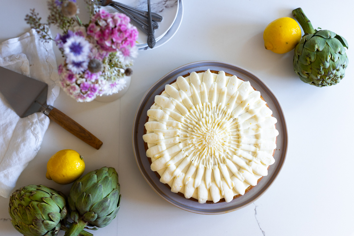 Artichoke Olive Oil Cake with Lemon Cream Cheese Frosting