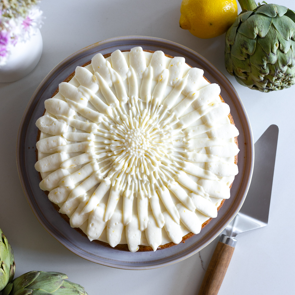 Artichoke Olive Oil Cake with Lemon Cream Cheese Frosting by Baking The Goods
