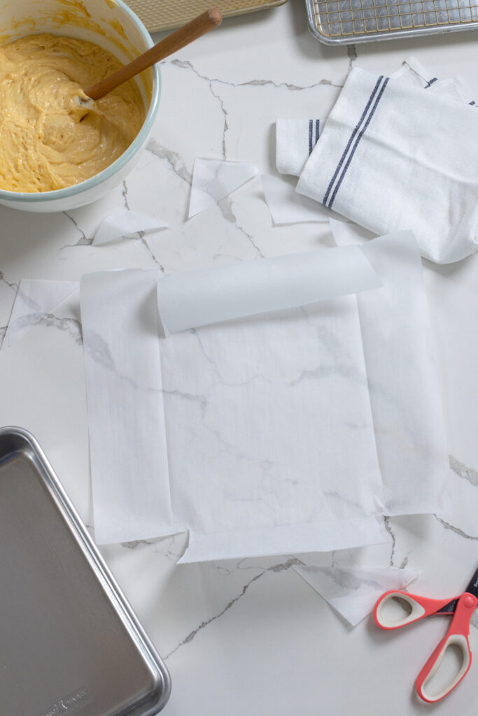 parchment paper cut and ready to line a cake pan