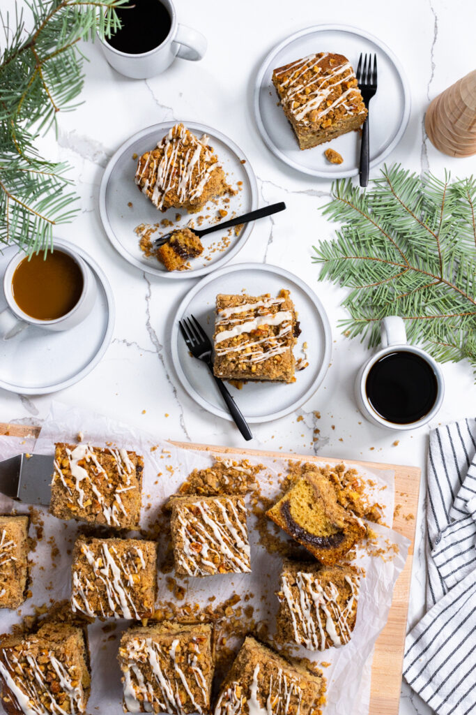 Spiced Prune Coffee Cake sliced for serving