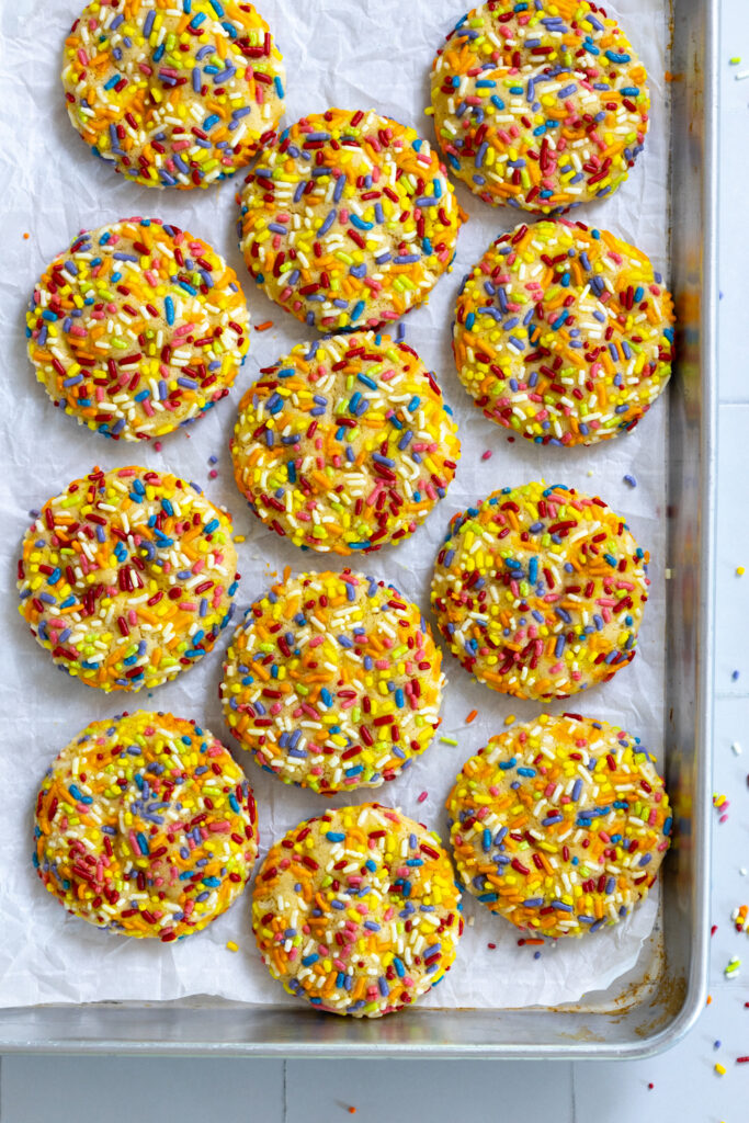 Lemon Rainbow Sprinkle Cookies on baking sheet