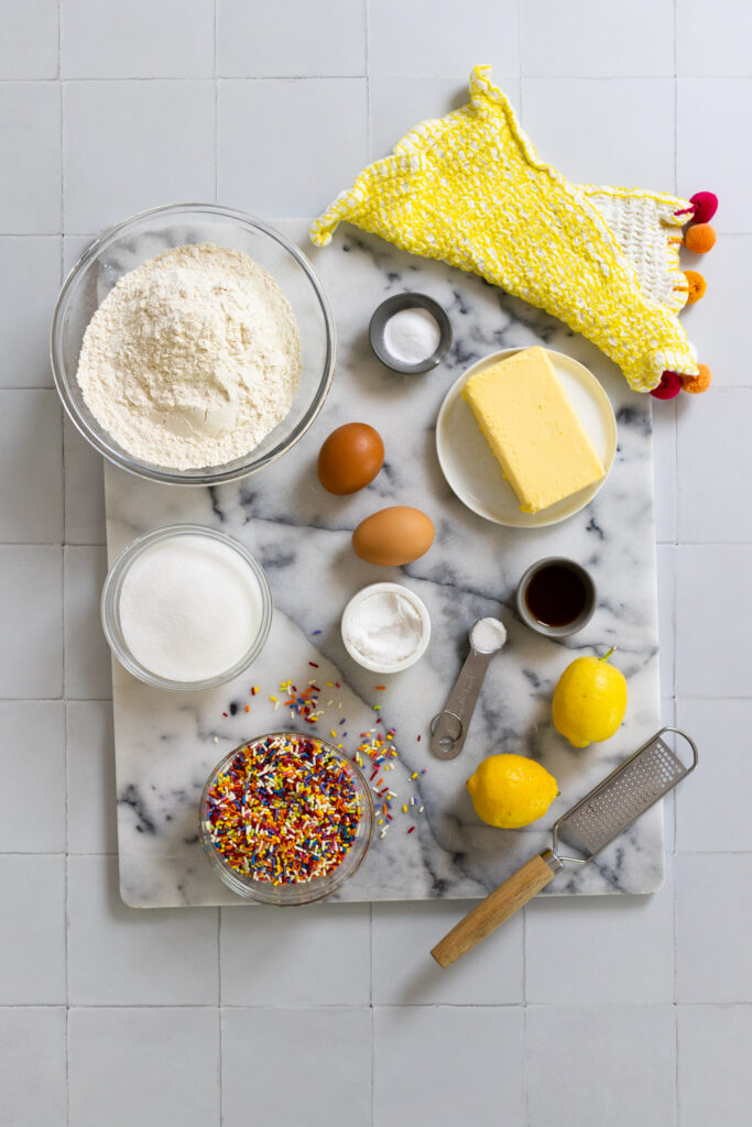 Ingredients for Lemon Rainbow Sprinkle Cookies