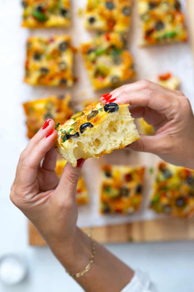 Airy slice of focaccia up close