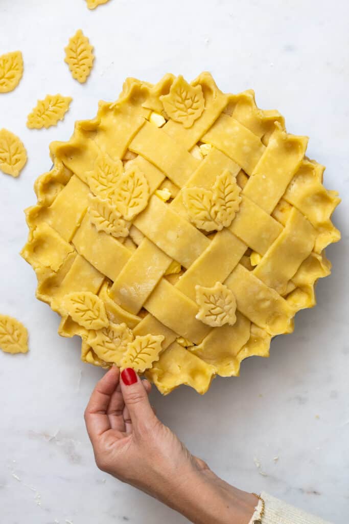 Adding pie dough leaves to lattice