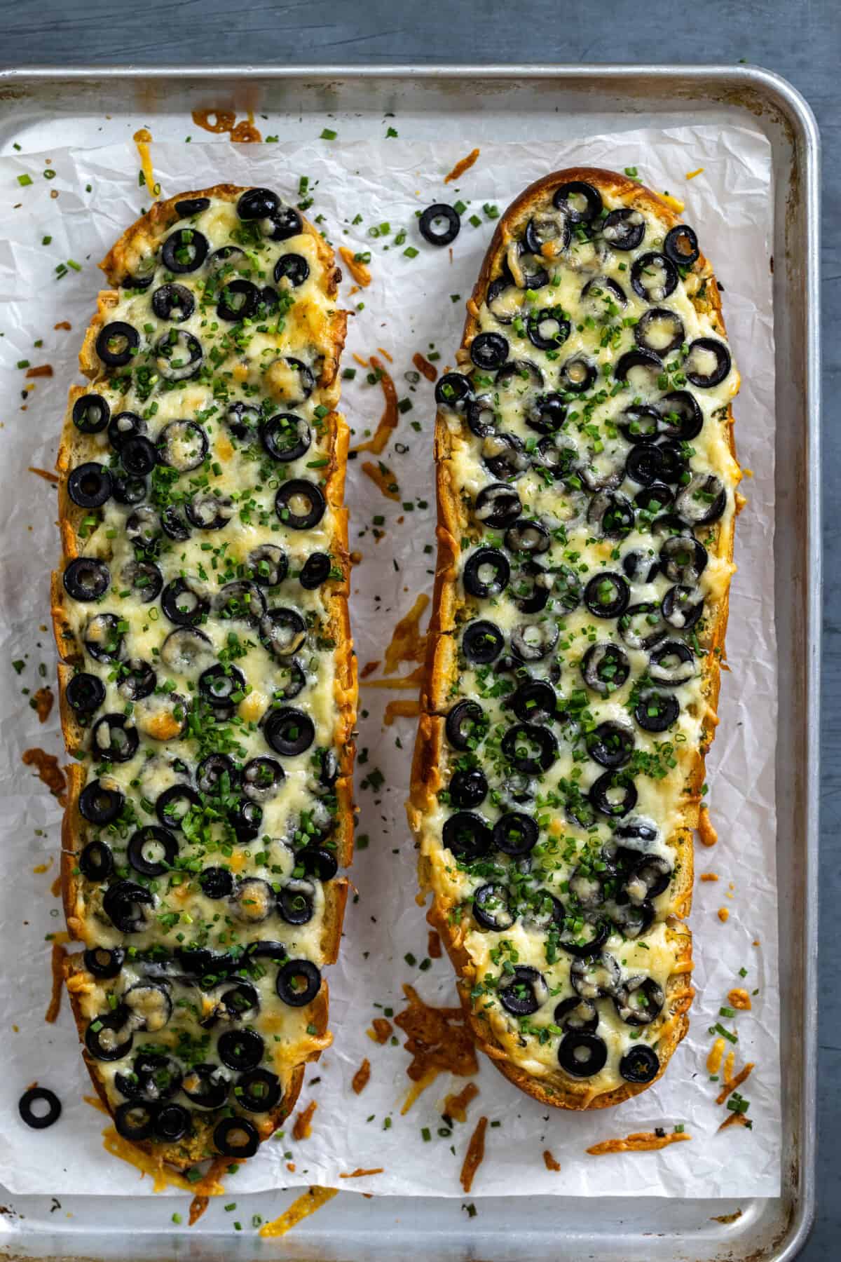 Baked Garlic Bread with cheese and olives
