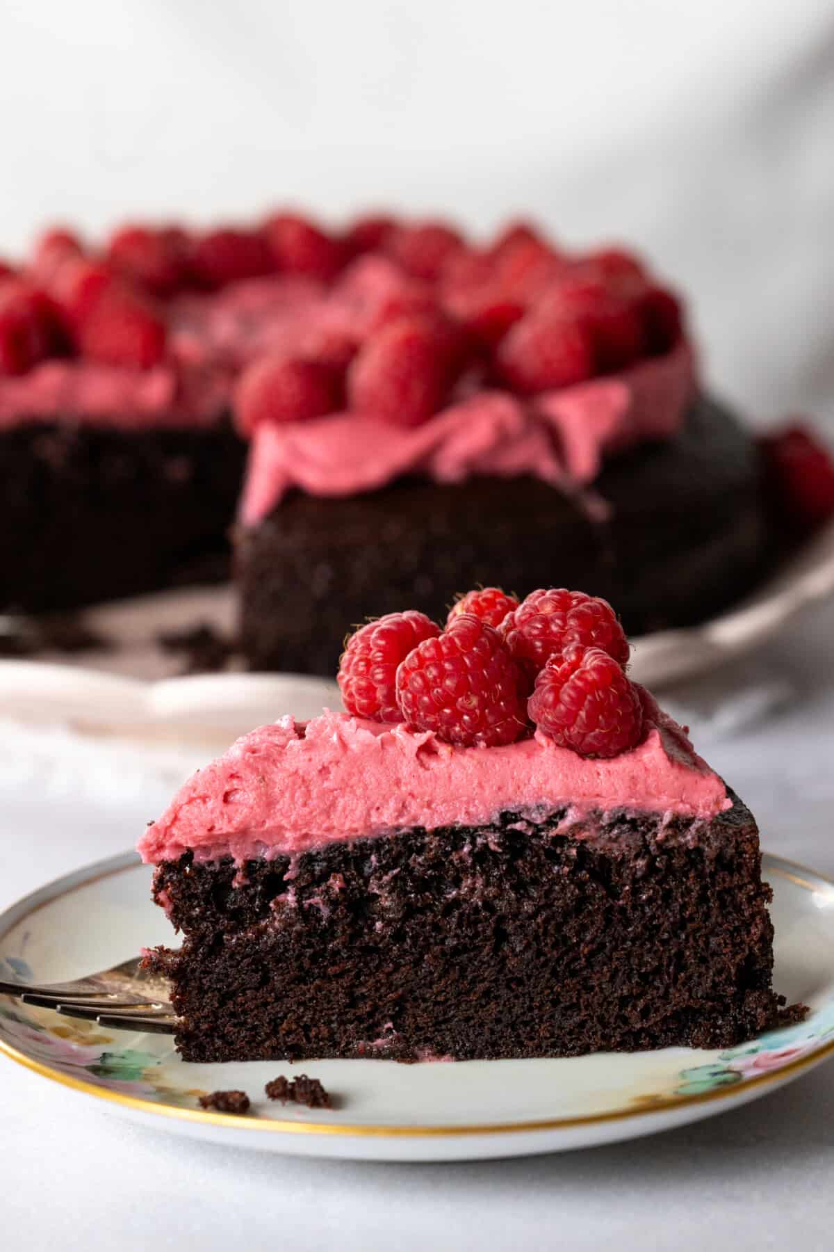 A plush slice of Chocolate Cake with raspberry topping