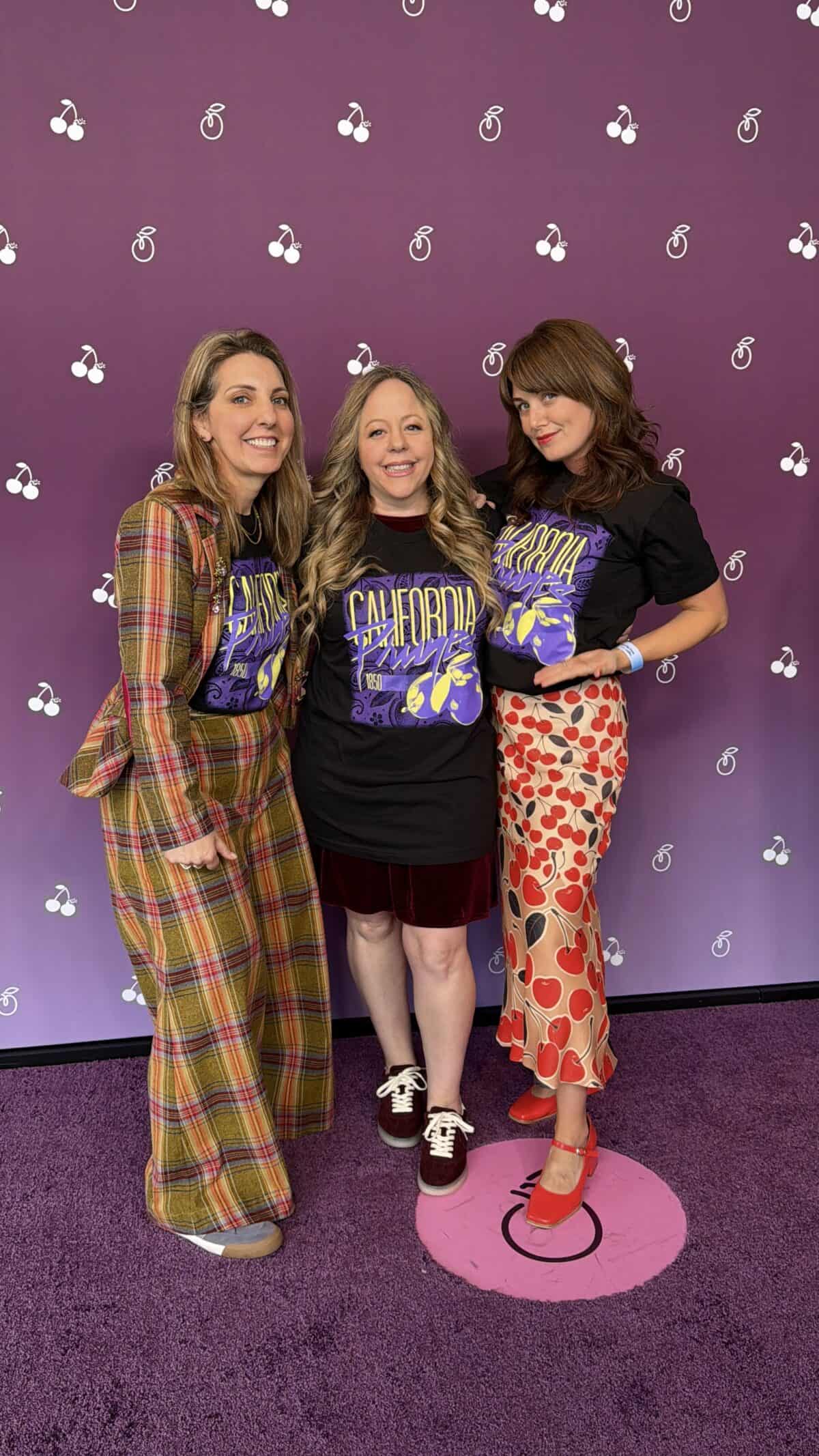 KC Corwell of GFree Foodie, Sarah Prince and Me rocking our California Prunes tees on the purple carpet at Jubilee!