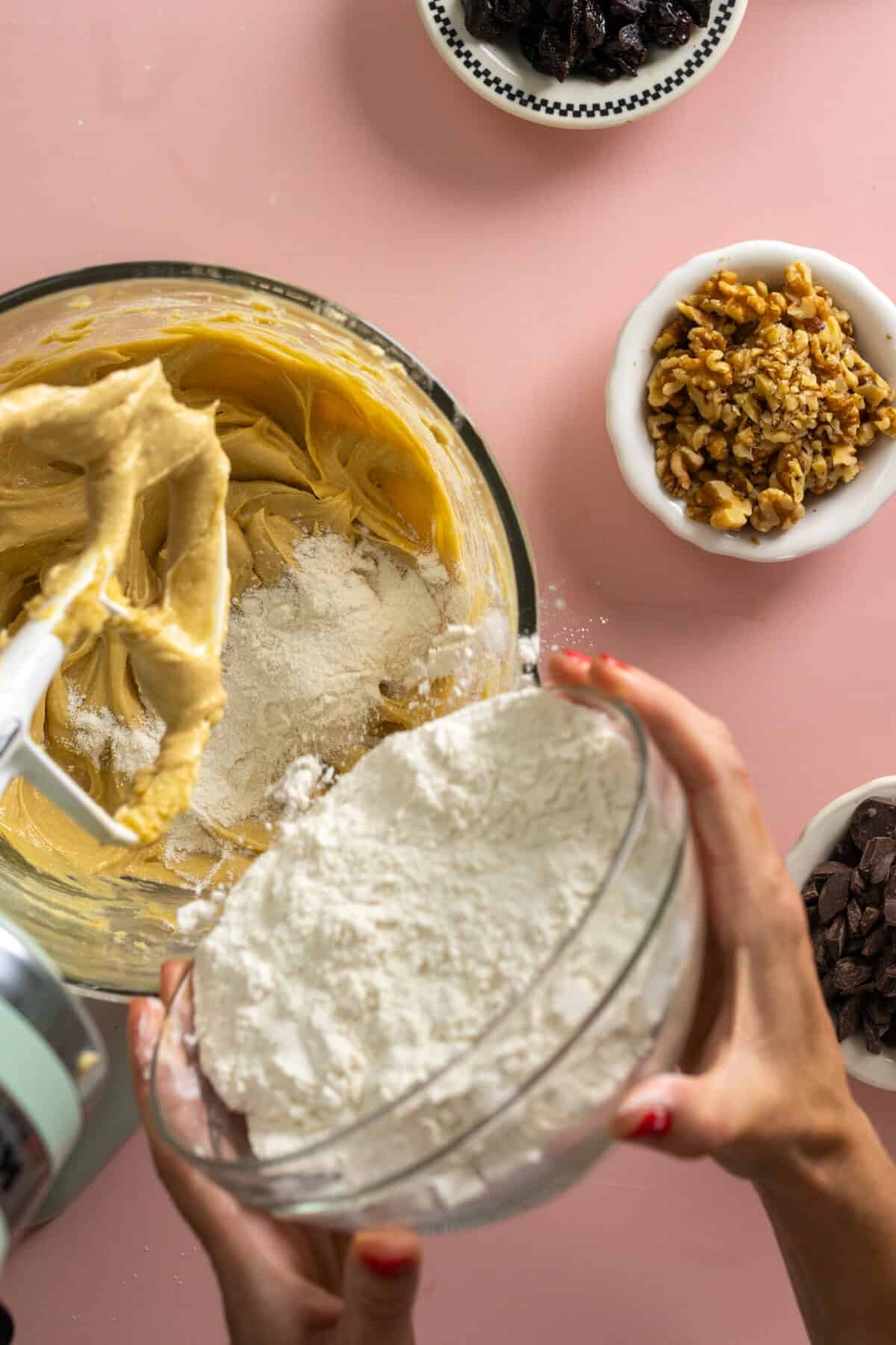 Adding dry ingredients to Tahini Bar dough