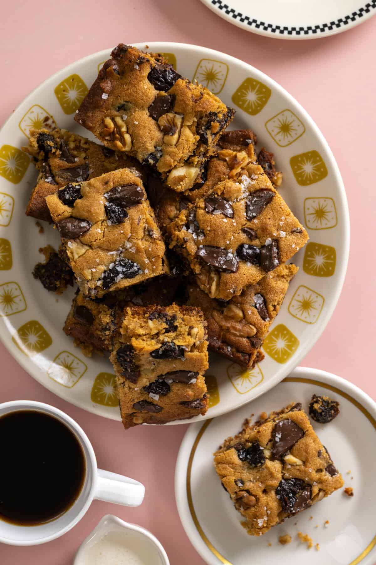 Prune Cherry Chocolate Walnut Tahini Bars with coffee