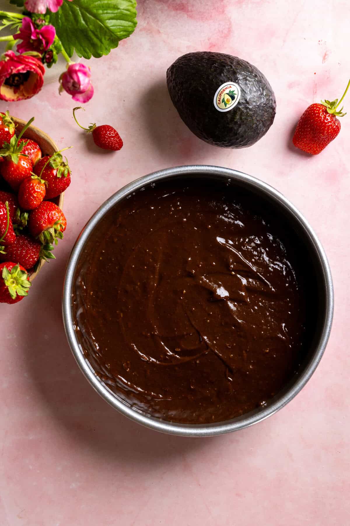 Avocado Chocolate Cake batter in pan
