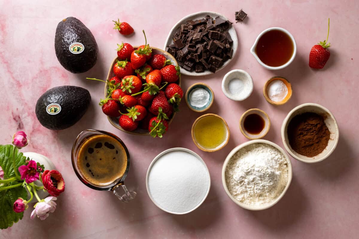 Ingredients for Avocado Chocolate Cake with Strawberries