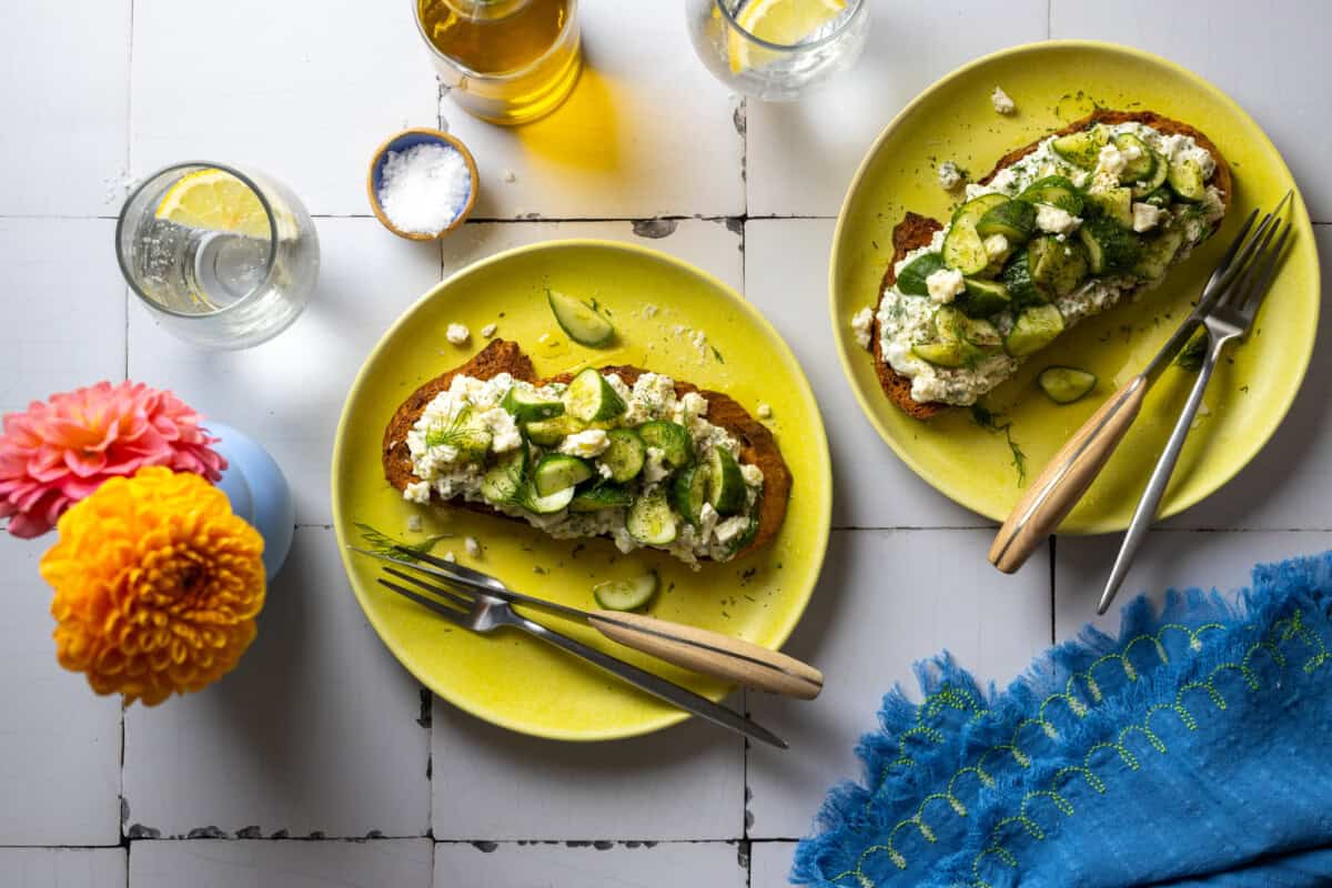 Toast with Cottage Cheese Tzatziki and Cucumbers