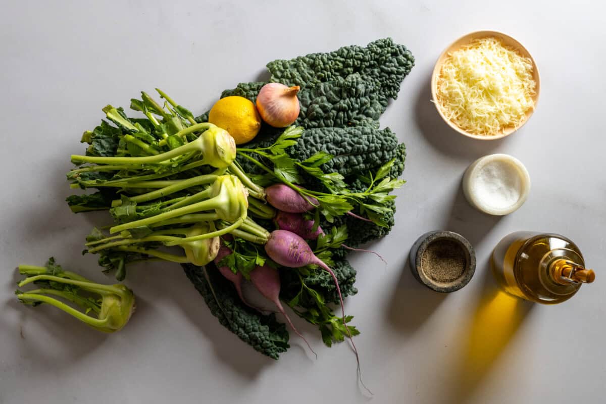 Kale Kohlrabi Radish Salad ingredients
