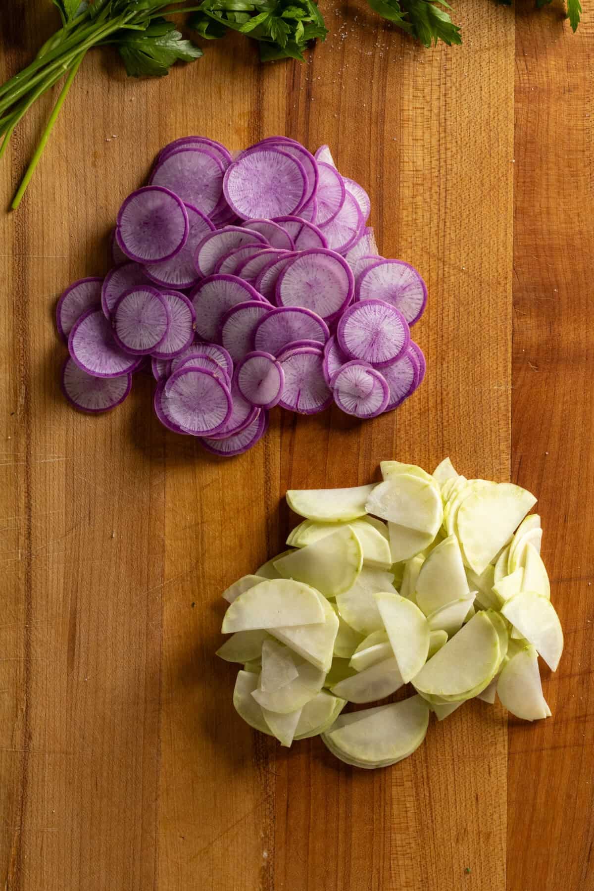 Sliced radish and kohlrabi