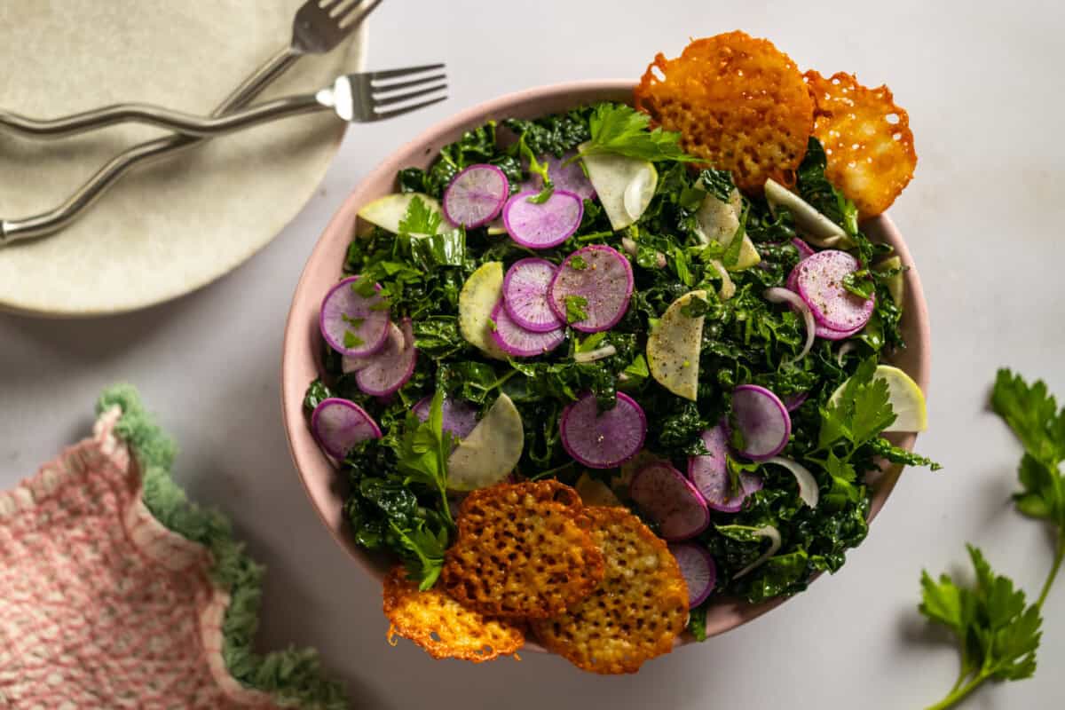 Kale Radish Kohlrabi Salad with Cheddar Frico by Baking The Goods