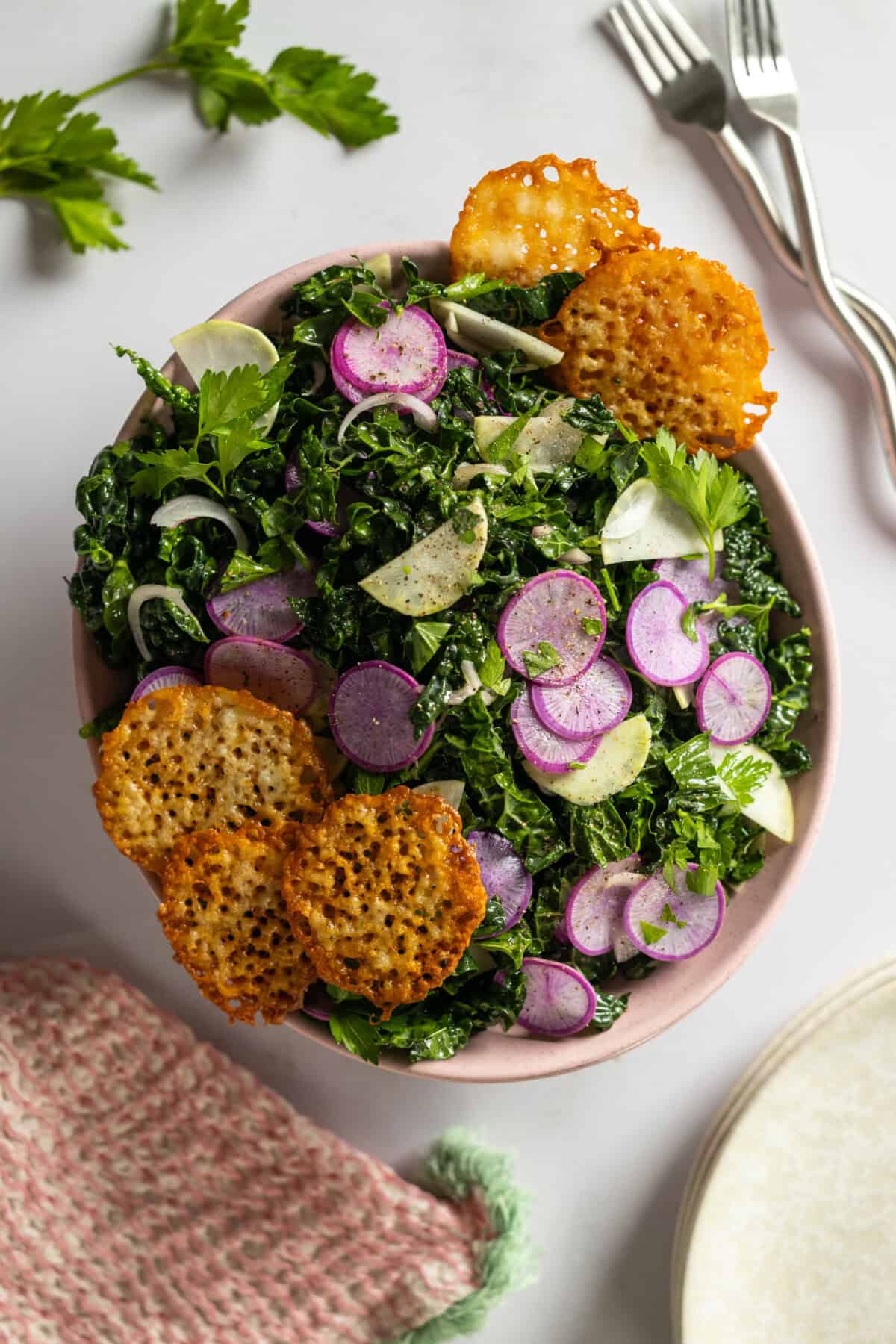 Kale Radish Kohlrabi Salad with Cheddar Frico