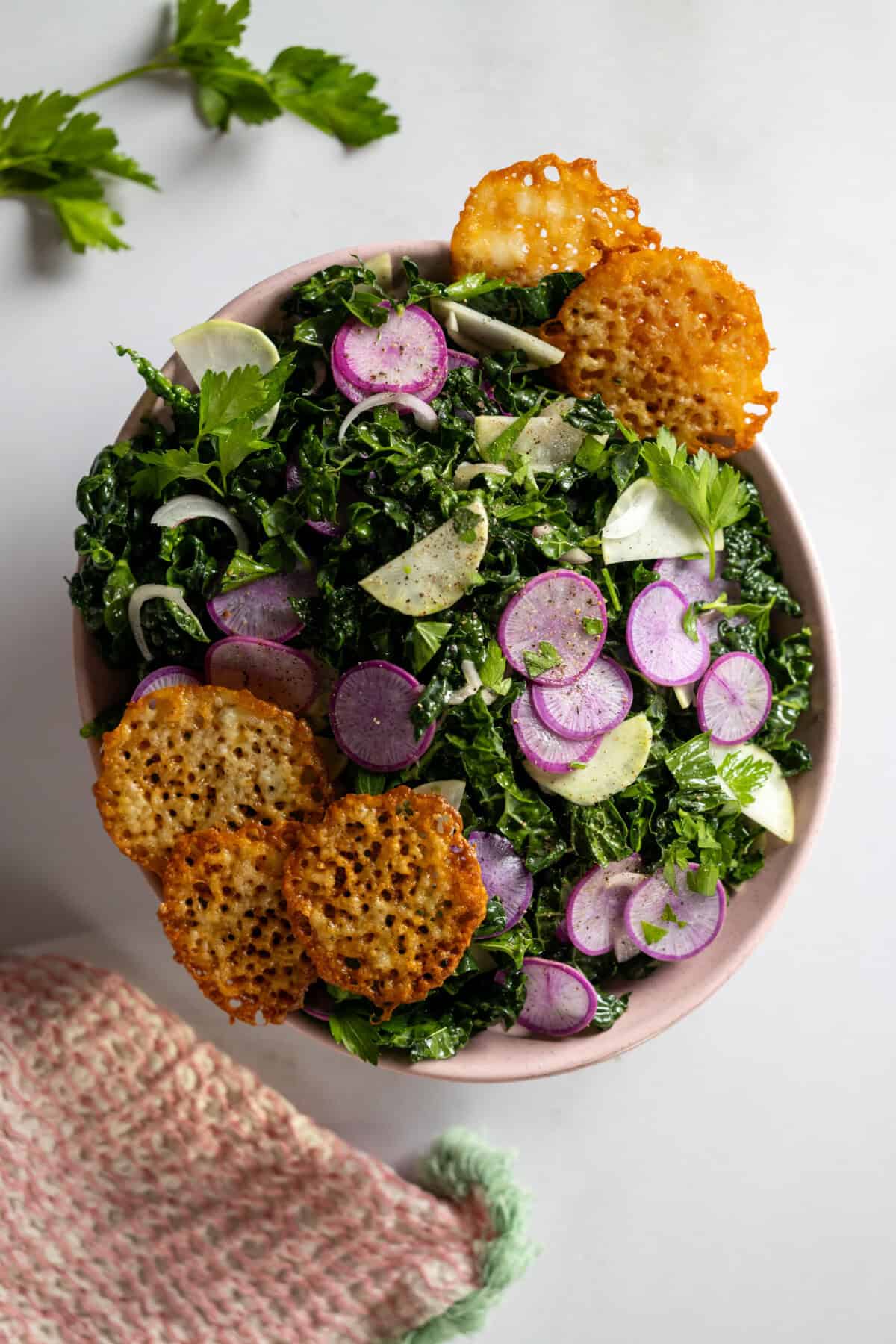 Kale Radish Kohlrabi Salad with Cheddar Frico