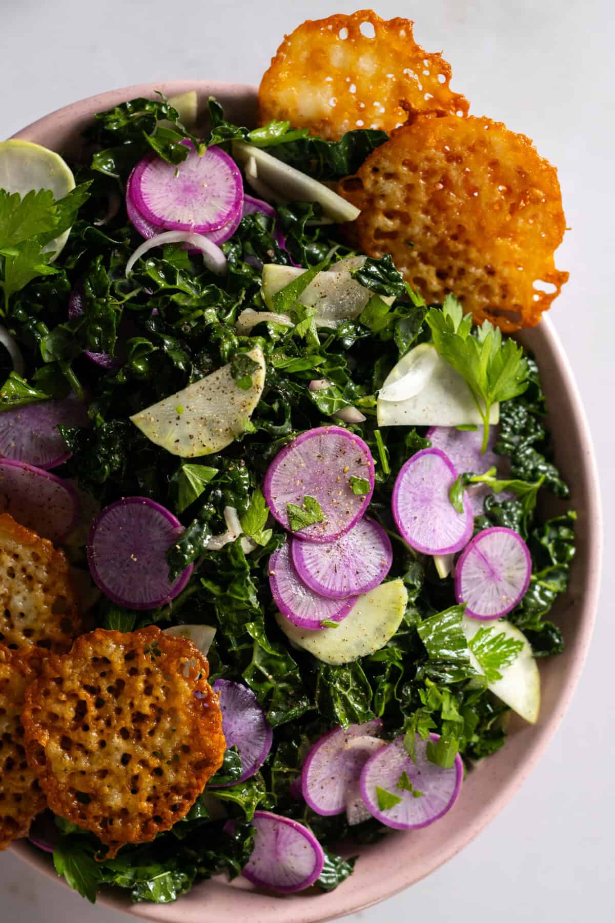 Kale Radish Kohlrabi Salad with Cheddar Frico