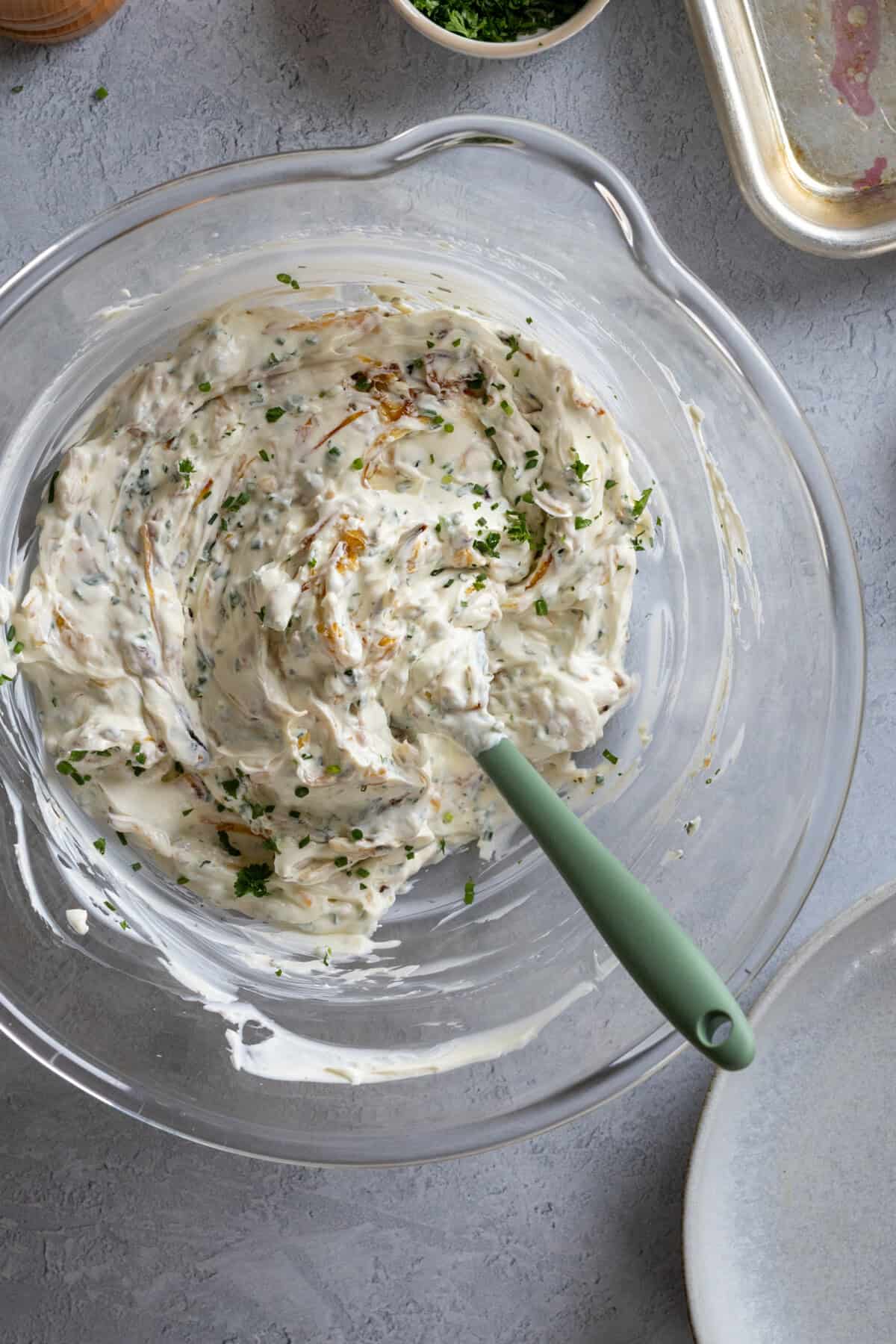 mixing caramelized onion dip