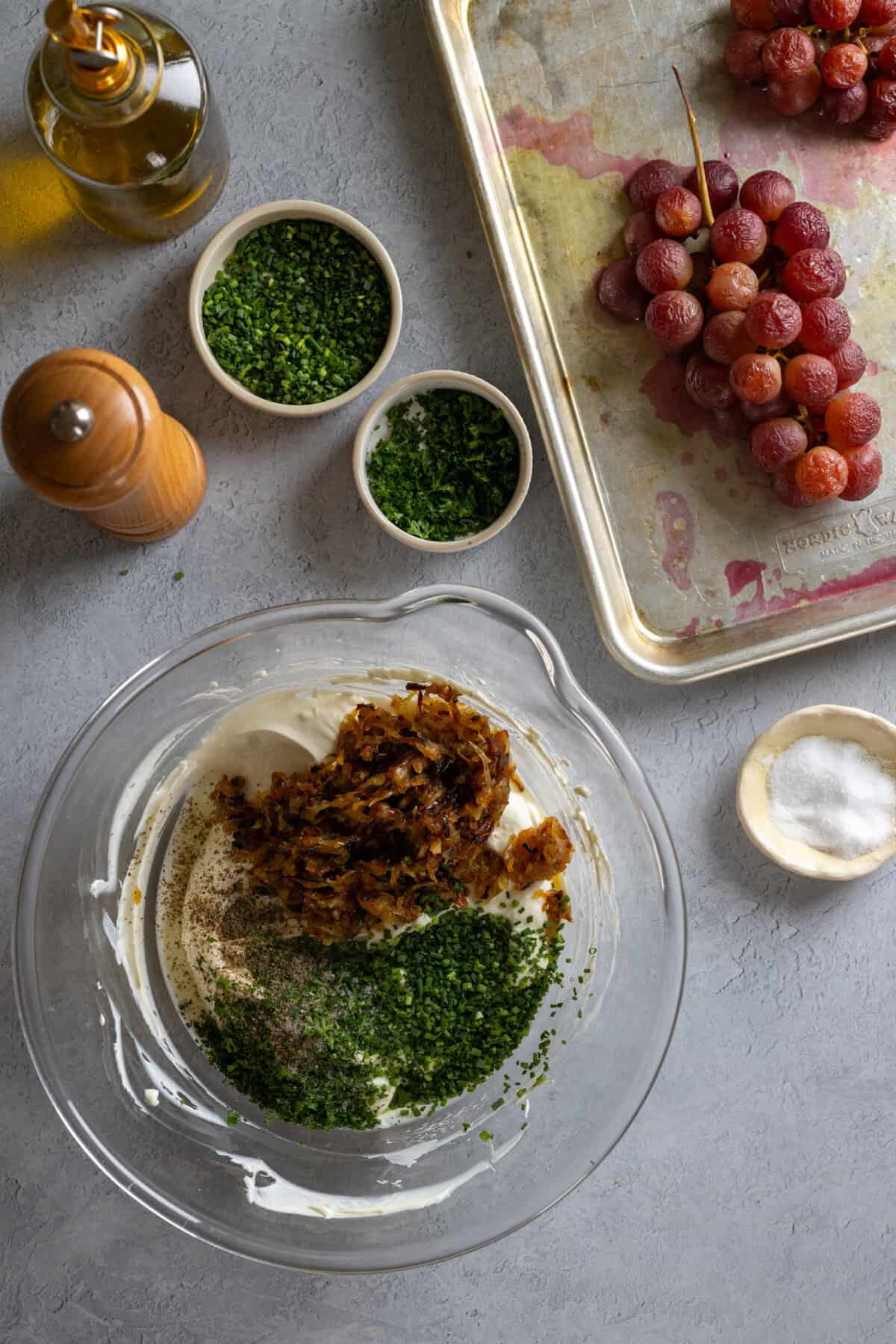 mixing caramelized onion dip