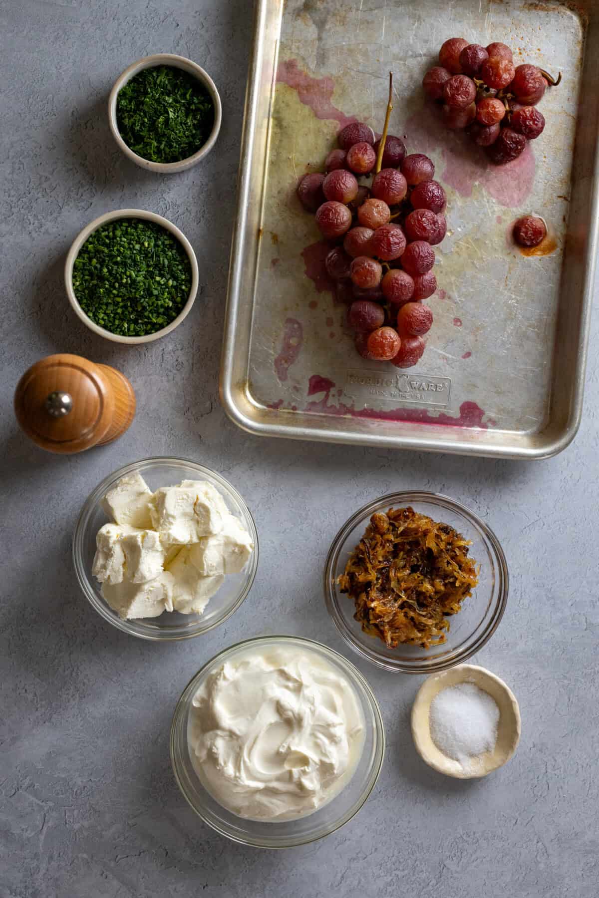 all of the components for Roasted Grape Caramelized Onion Dip